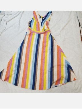 Gilli Rainbow Striped Halter Beach Preppy Sleeveless Linen Blend Maxi Dress M